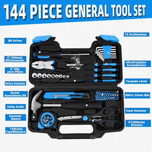 Image of 144-Piece Blue Tool Kit for Home, Household Hand Set with Plastic Toolbox | General basic repair tools for women & college students; all-purpose dorm set for home, apartment, office DIY daily repairs
