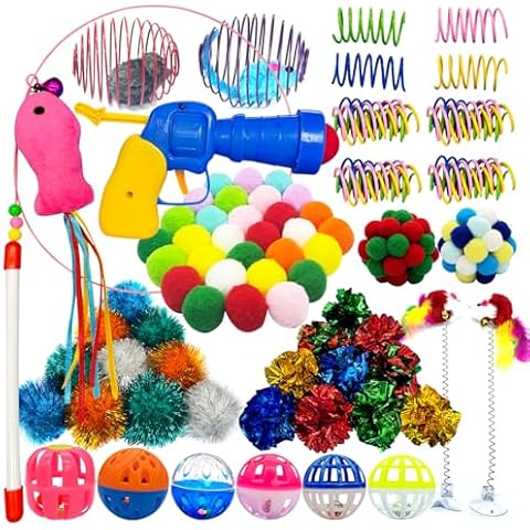 HerMia Cat Toys Variety Pack for Kitty 84 Pieces, Kitten Interactive Toys Bundle Set with Plush Ball Launcher, Bell Ball, Cat Wand, Cat Crinkle Ball, Cat Spiral Spring Cover