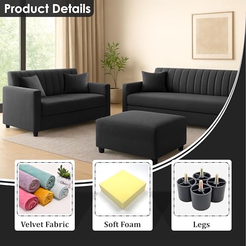 Image of 3+2 Fabric Sofa Set with Ottoman for Living Room | Modern Upholstered 5-Seater Couch | Soft Cushion, Premium Velvet Fabric-Black