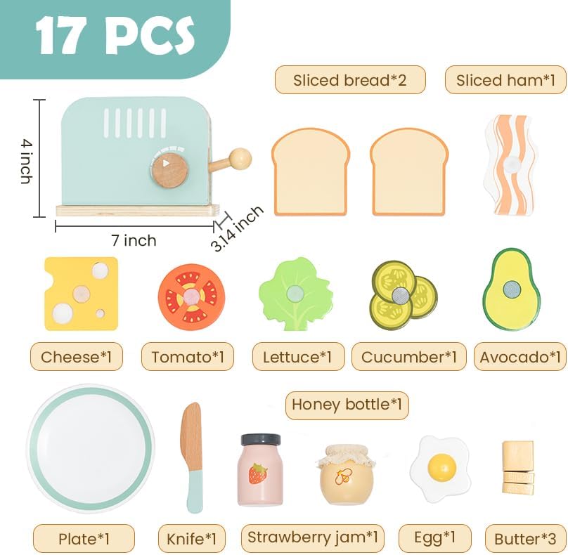 Miniatura 6 de Juego de cocina de madera con tostadora, 17 piezas, accesorios de comida para niños pequeños de aprendizaje temprano, juego de juego de desayuno,