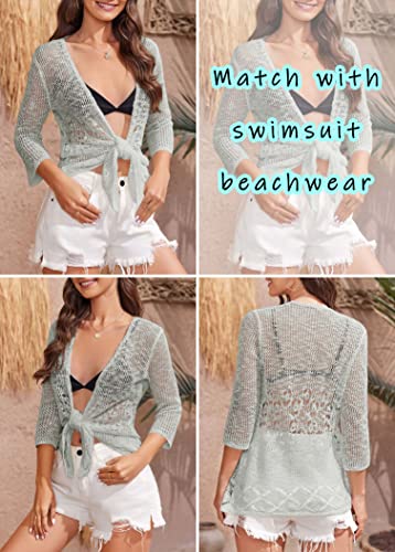 Image of Nulibenna Womens Sheer Shrug Sweaters 3 /4 Sleeve Open Front Tie Cardigan Bolero Jacket Lightweight Crochet Knit Cover Up Tops