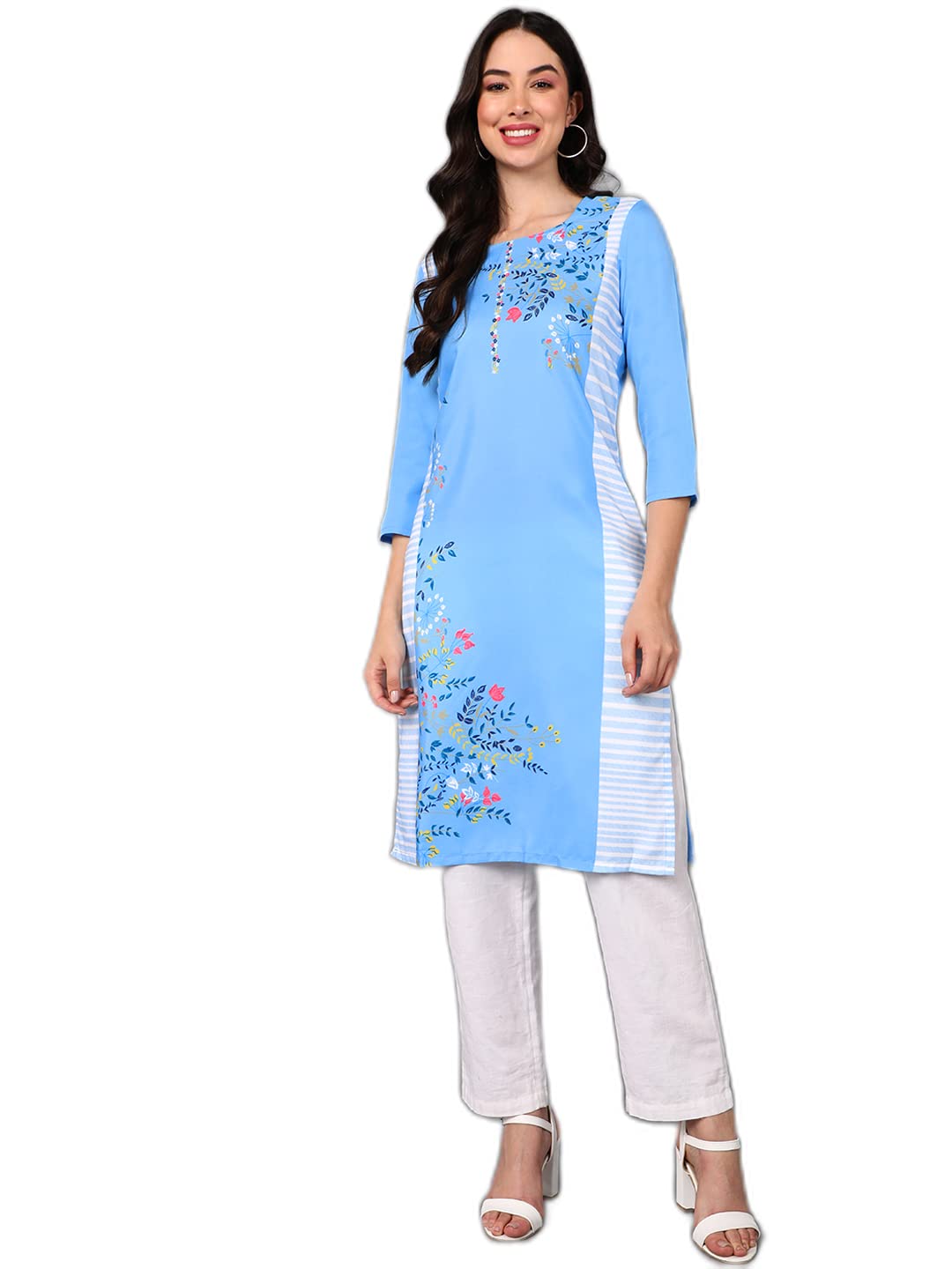 VaamsiWomen's Poly Crepe Printed Straight Kurta (VPK1733_S_Blue)