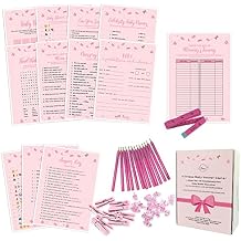 Dessie Baby Shower Games for Girls - Ultimate BabyShower Set - 9 Unique Girl Baby Shower Games, 100 Mini Clothespins, 100 Mini Acrylic Pacifiers, 25 Pens