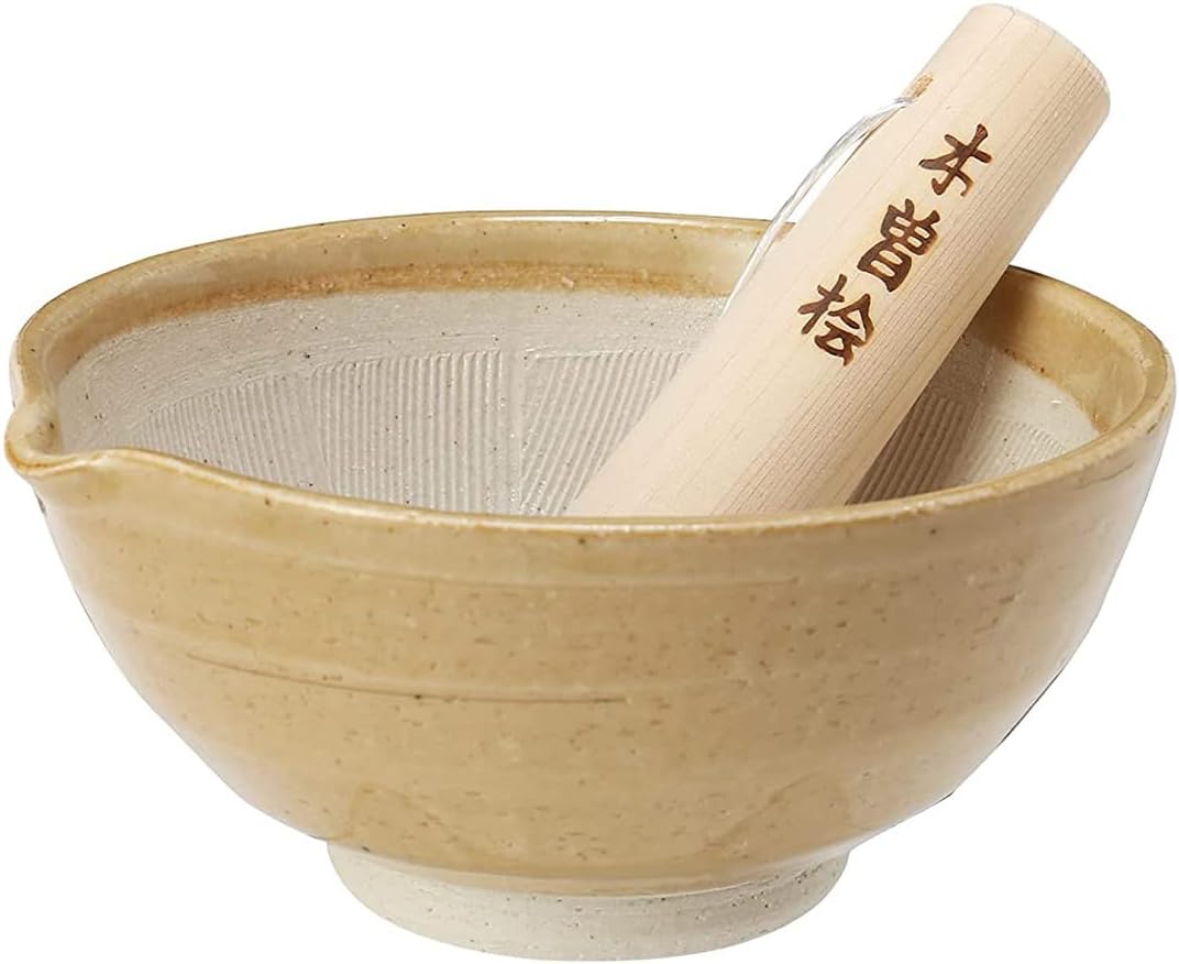 Tikusan Ceramic Ripple Ridge Mortar & Pestle (Suribachi & Surikogi) Set with Spout Made in Japan Mino Ware (Medium, Brown)