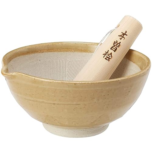 TIKUSAN Juego de mortero y mortero de cerámica Ripple Ridge (Suribachi y Surikogi) con boquilla fabricada en Japón Mino Ware (M, marrón)