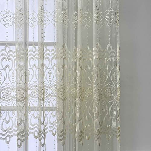 Wpkira Indoor/Outdoor Balcony Window Treatments Beige Lace Embroidered Rod Pocket Top Sheer Panels Tulle Voile Door Window Curtain Drape For Living Room , 1 Panel W54 X L84 Inch #TOP3