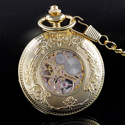 Image of Men's Mechanical Hollow Design Hand Wind Pocket Watch Roman Numerals Steampunk with Chain Box