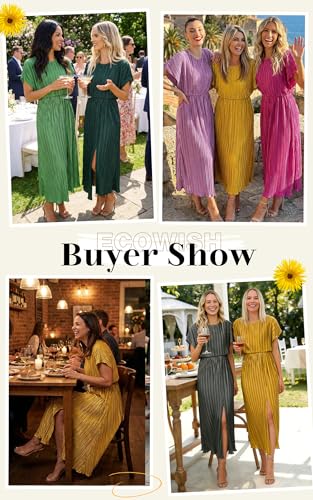 Image of ECOWISH Women Maxi Dresses Cocktail Party Wedding Guest Formal Pleated Long Dress Short Sleeve Slit Empire Waist Evening Gown