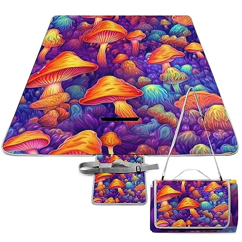 Colorful-Mushrooms-Purple Picnic Blanket Waterproof Foldable, Large Outdoor Picnic Blanket Beach Blankets Camping Blanket Travel Mat, Shoulder Strap Tote, Rectangle 58x58in