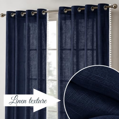Image of THE LINEN COMPANY Cotton Linen Solid Curtain Set with Eyelet Rings (Dark Blue, Door- 7.5 Feet)
