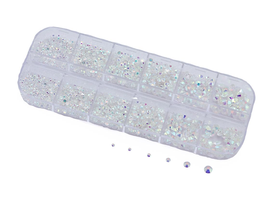 Over 2100 Pieces Transparent AB Flat Back Glass Rhinestones Crystals For Nail Art Kit 6 Sizes (1.4mm - 4.8mm)