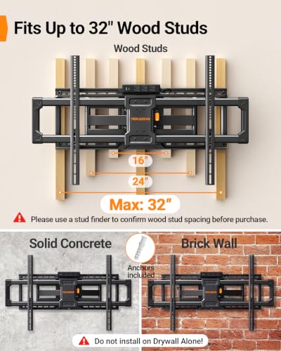 Image of Perlegear Full Motion TV Wall Mount with Power Strip for 60-120 Inch TVs | Heavy Duty TV Mount Wall Bracket, Holds 255 lbs, Tilt, Swivel, Extension, Fits 16″ /24″ /32″ Wood Studs, Max VESA 900 x 600mm