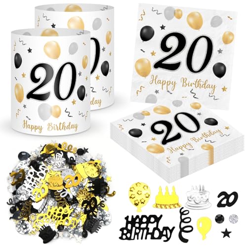 Décoration 20e Anniversaire - 20 Serviettes, 12 Lanternes de Table, 500 Confettis Or Noir - Happy Birthday 20 Ans