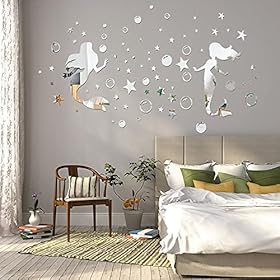 2Pcs Mermaid 3D Acrylic Mirror Wall Decal, Dreamlike Sliver Bubble and Little Star Wall Sticker, DILIBRA Modern DIY Art… 51QH94DRohS. SS280