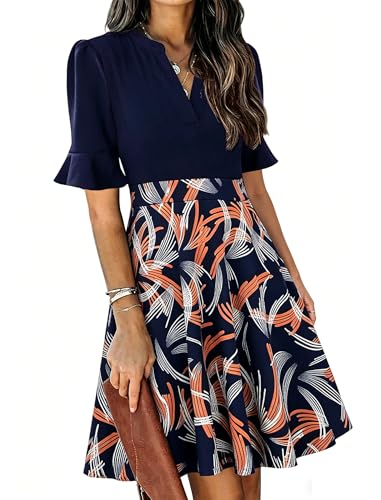 Image of Mokayee Womens Summer V Neck Ruffle Short Sleeve Fit and Flare Knee Length Church Wedding Guest Dresses with Pockets