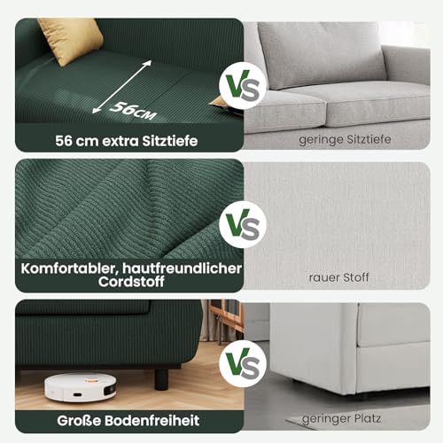 Hamlody Sofa 160cm, 2-Sitzer Sitzbank mit Samt Bezug, Kompakt für kleine Räume | Bequem & Einfach Montiert | 42cm hochelastischer Schaumstoff, Grün