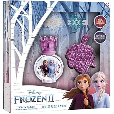 Frozen II Geschenkset: Anna & Elsa Kinderparfüm (30ml) Eau de Toilette im schönen Glasflakon mit Krönchen-Verschluss, 1 Schlüsselanhänger und Haarclips Cover