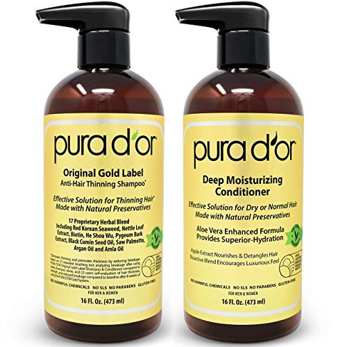 PURA D OR Biotin Original Gold Label Anti-Thinning (16oz x 2) Shampoo & Conditioner Set, Clinically Tested Effective Solution w  Herbal DHT Ingredients, All Hair Types, Men & Women (Packaging Varies)