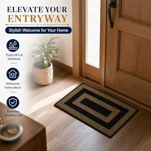 Image of Matz&More Greek Double Line Floor Mat | 40x60 CM | Black Gold | Nylon Tufted Gel Baking Anti-Slip | Doormat for Home Entrance, Kitchen & Bedroom
