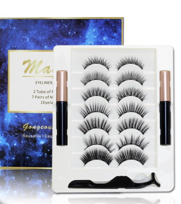 Pestañas Postizas Magneticas, 7 Pares Pestañas Magneticas Reutilizables, Pestañas Postizas Naturales 3D con Delineador de Ojos y Pinzas Magnéticas Impermeables, Aspecto Natural y Larga Duración