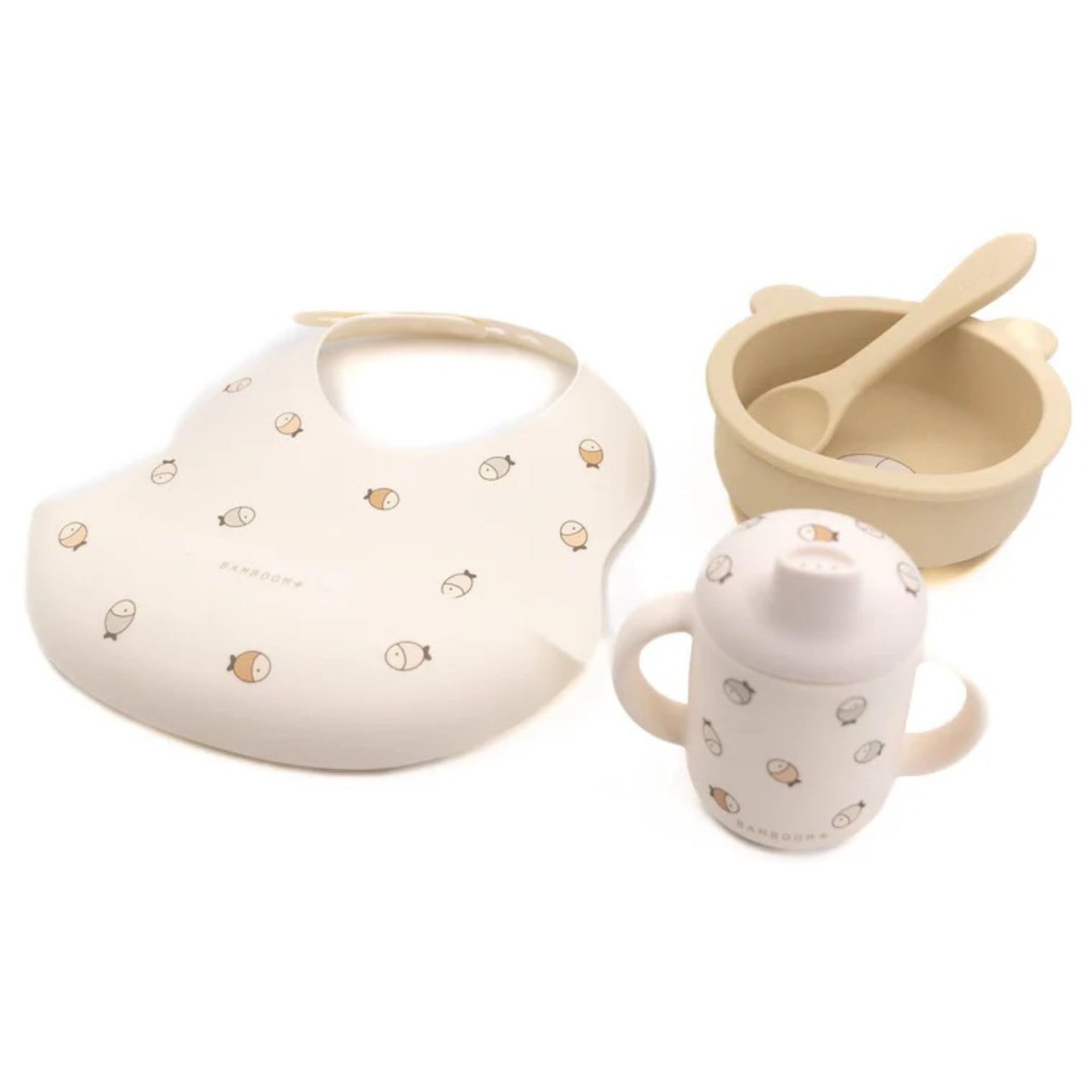 Bamboom Set Pappa First Meal Fishes con Bavaglino in Silicone, Ciotola con Ventosa, Cucchiaio e Bicchierino con Manici