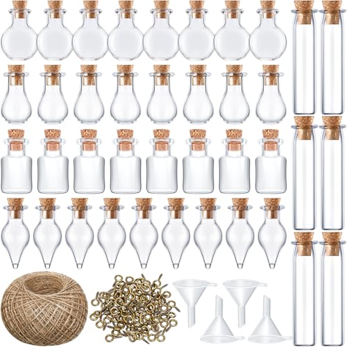 Geiserailie 50 Pieces Small Tiny Glass Spell Jars Bottle with Cork Stopper Witchy Gifts Witchcraft Supplies Wishing Bottles with Eye Screws Funnel Rope for DIY Crafts(Transparent Style C)