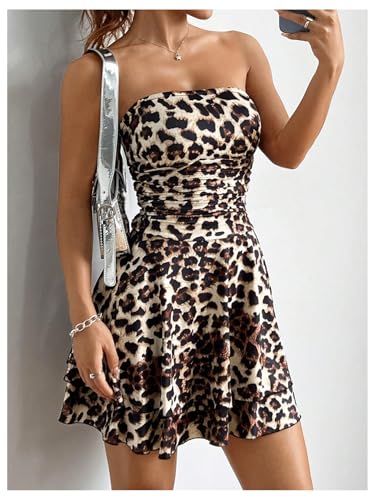 Floerns Women's Leopard Print Ruched Strapless Tube Dress Y2k A Line Tiered Dress4