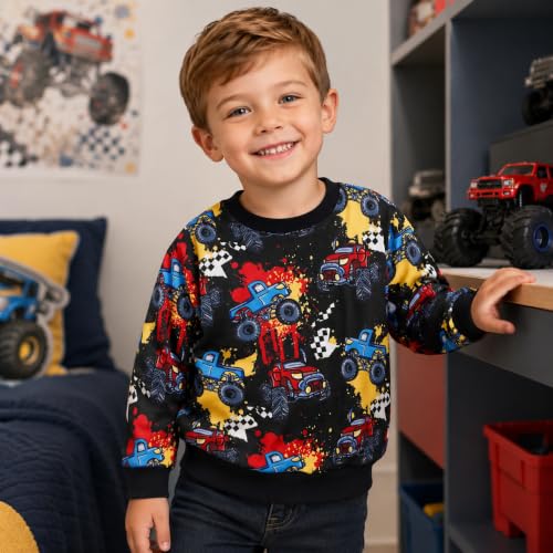 Image of Akyzic Toddler Boys Sweatshirts Cotton Crewneck Truck Shirt Dinosaur Long Sleeve Pullover Tops Tees 2-8T