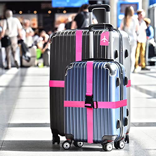 Image of Weewooday 8 Pcs Luggage Straps Suitcase Tags Set for TSA Approved, 4 Travel Adjustable Suitcase Belt, 4 Silicone Luggage Tags with Name ID Card Travel Accessories(Pink,Airplane)