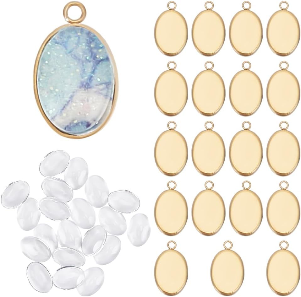 20 Sets Golden Oval Trays Photo Charms Cabochons Blanks Stainless Steel Pendant Cabochon Settings with Glass Cabochon for Bridal Wedding Bouquet Graduation Cap Jewelry Making, Stainless