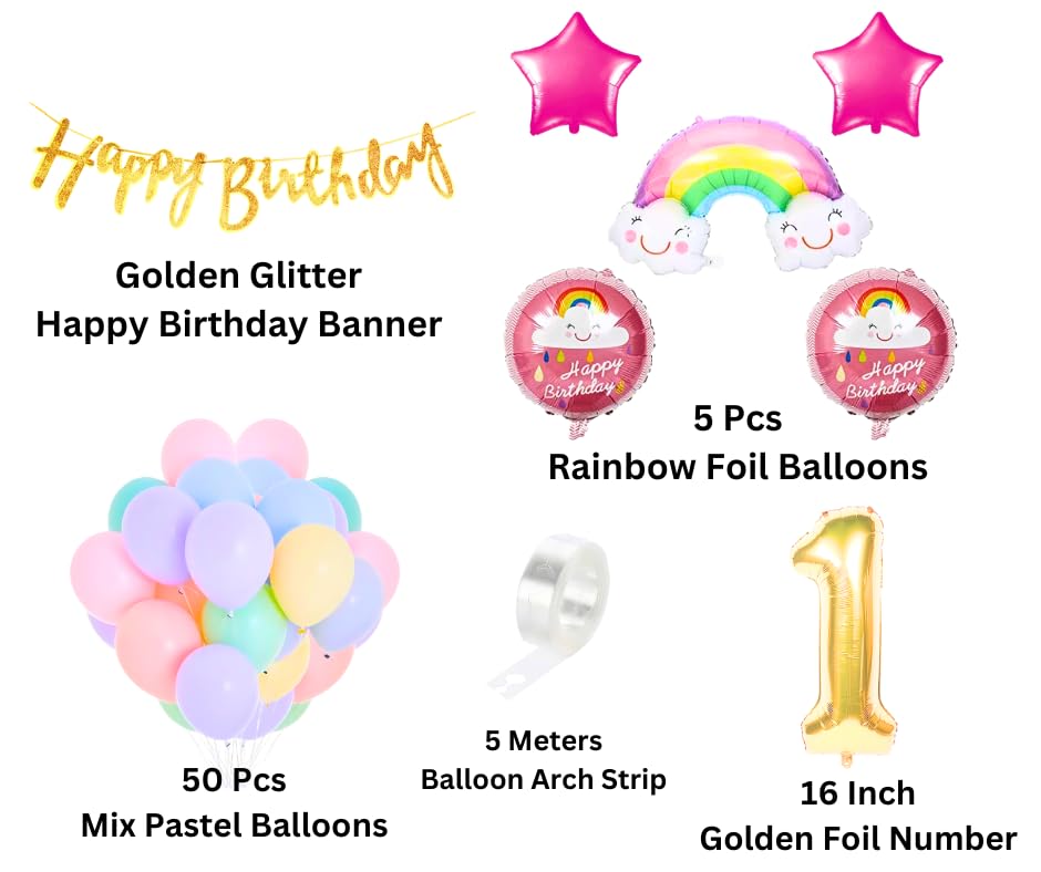 Flyloons Latex Rainbow Theme 1St Birthday Decorations Kit Girls Boys Kids Baby Girl For 1 Year With Number Rainbow Pink Star Pink Purple Yellow Blue Green Pastel Balloons Happy Gold Banner,58 Pcs 2 51QHArrSRtL