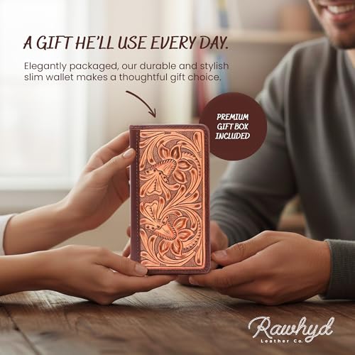 Image of Full-Grain Buffalo Leather Floral Tooled Long Bifold Wallet - Sleek RFID-Blocking Vertical Wallet - Men's Bifold Wallets w / 8 Slots, 2 Long Side Pockets, and Sleeve for Birthday, Christmas, and More