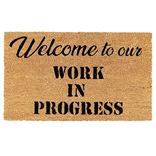 Image of Onlymat inchWelcome to Our Work Printed Doormat, Rectangular (75x45cm), Black /Brown - Natural Coir with Anti-Slip PVC Backing for Entryway, Outdoor, Home, Floor, Door, Hall & Living Room.