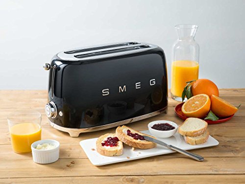 Image of Smeg Toaster, 2 Extra Wide Slot for 4 Slices, Original Italian Brand, Auto Center for Even Browning, Smart Crumb Tray, Multi-Use: Defrost, Reheat & Bagel, 6 Toast Levels, 1500W, TSF02BLEU, Black