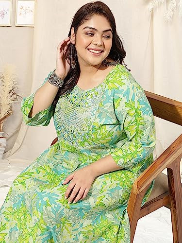 Image of MIRCHI FASHION Plus Size Women's Cotton Sequins Embroidered Foil Printed Anarkali Kurti