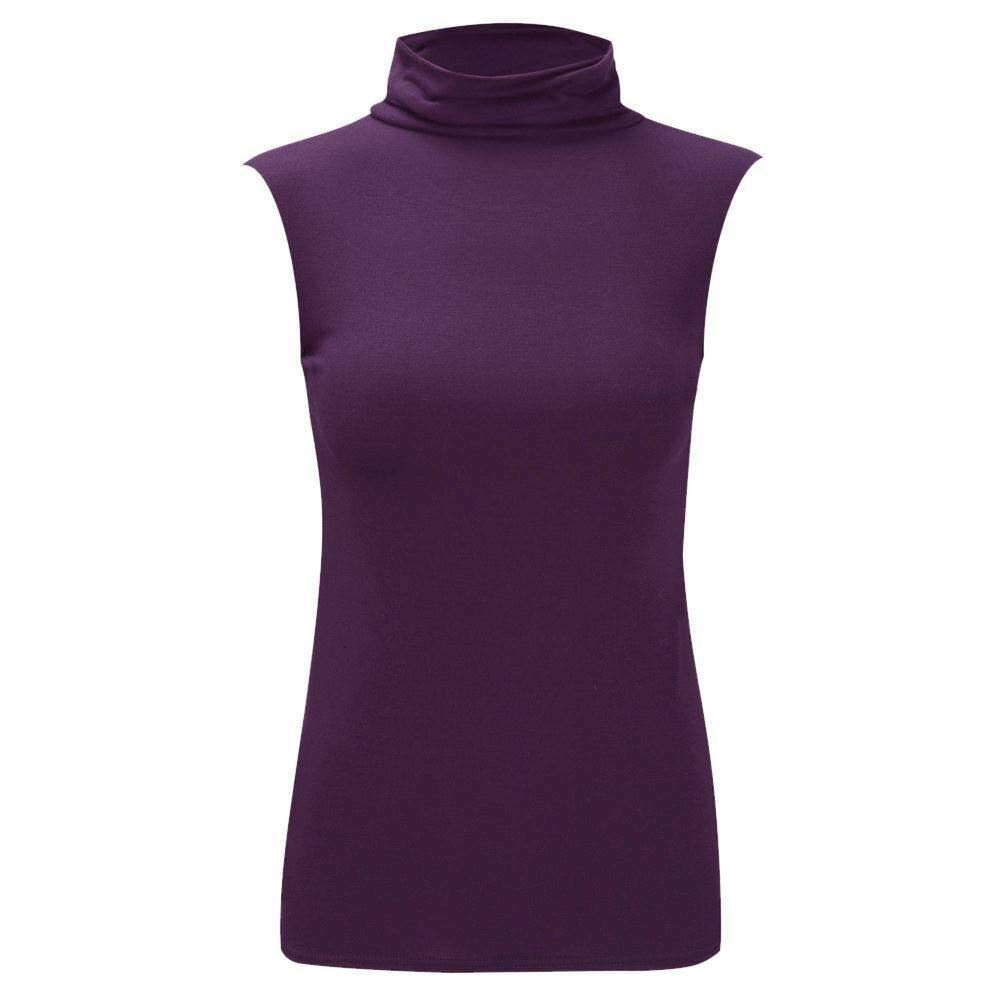 Janisramone Women's Purple Turtle Polo Neck Sleeveless T-Shirt Plain Casual Stretchy Bodycon Vest Tee Top