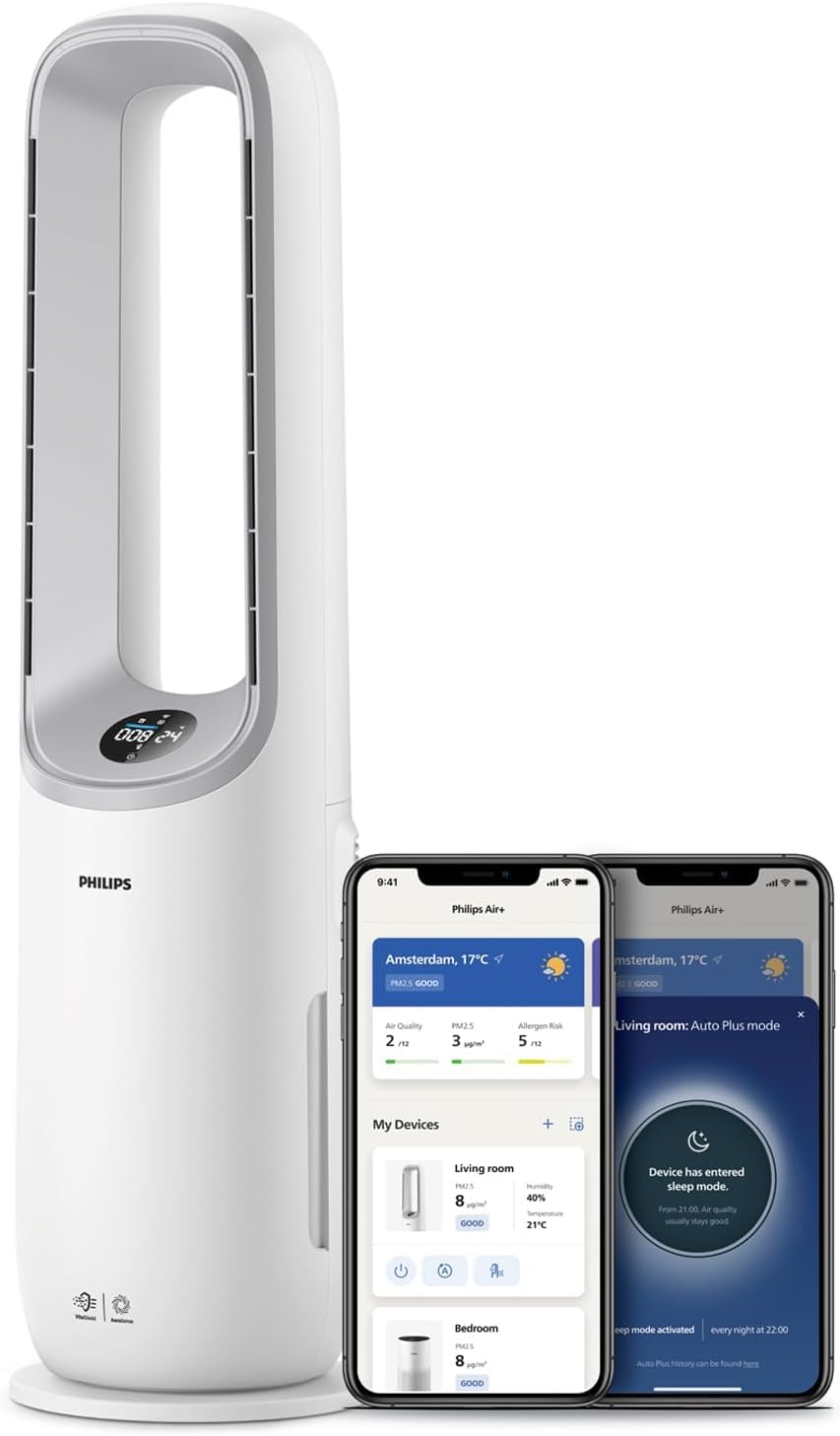 Philips Air Performer 2-in-1: Purifier & Cooling Fan – Cleans 70m², Removes 99.97% of Allergens and Pollutants. HEPA Filter, Smart Sensors, Alexa, App. Quiet & Energy Efficient (AMF765/30)