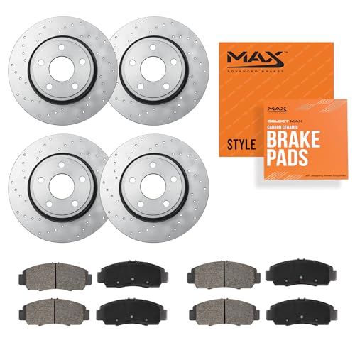 Image of Max Advanced Brakes Front & Rear Brake Kit Compatible With 2012-2016 2017 2018 Fiat 500 1.4 L4 Natrually Aspirated Replacement Cross Drilled Disc Brake Rotors and Ceramic Brake Pads