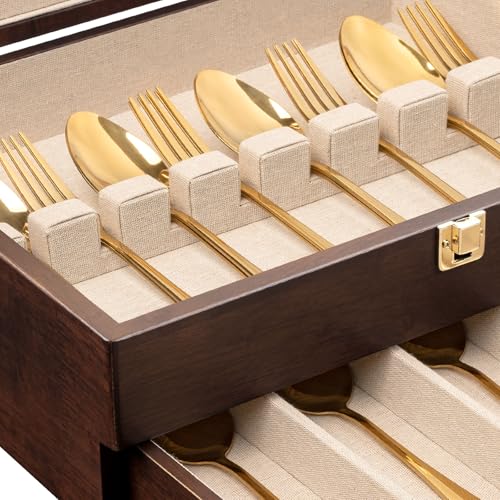 Yoimori Silverware Storage Box, 2-Layer Flatware Storage Case with Drawer, Wooden Silverware Chest with Linen Liner, Rustic Silverware Case for Storing Fine Flatware and Utensils (Walnut)