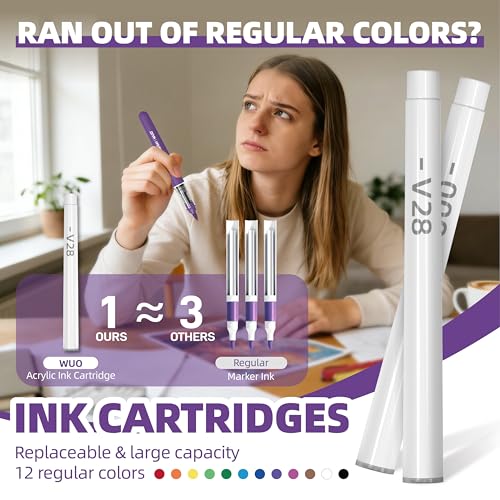Image of WUO Acrylic Paint Markers, 36 Colors Water-Based No-Bleed Paint Pens with Brush Tip, Automatic Ink Control Markers for Rock Painting, Wood, Glass, Fabric DIY Art, 12 Extra Replaceable Ink Cartridges