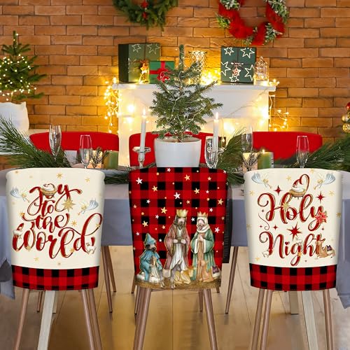 Image of TREWAVE Christmas Chair Covers Set of 6 Buffalo Plaid Nativity Scene Chair Back Covers Holiday Dining Chair Slipcovers Protector Kitchen Dining Room Decor Festival Party Decoration