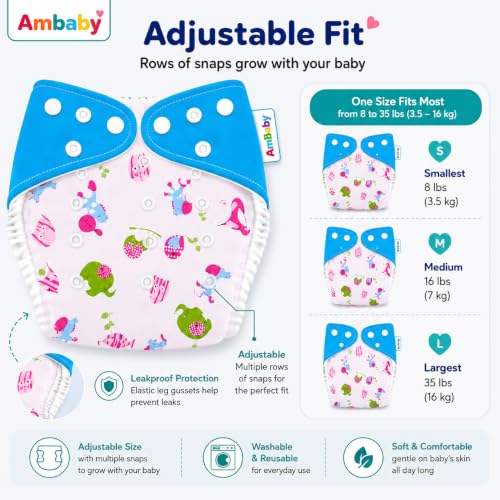 Image of Ambaby Pack of 4 Premium Pocket Cloth Diapers with 2 Diaper Covers & 2 High-Absorbency 4Layer Insert Pads. Leak-Proof, Adjustable, Breathable, Reusable & Washable. Fits Babies 3 Months-3 Years(3-18kg)