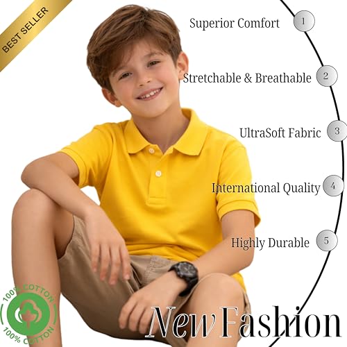 Image of Kids Boys Polo T-Shirt | Half Sleeves | Organic Cotton Rich Bio-Wash Fabric | Ultra Soft & Breathable | Regular Fit | Plain Solid Colour Casual Wear & School Uniform