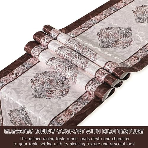 Image of Heart Home Velvet 13x72 Inch Heavy Table Runner for Home Decor | 6 Seater Dining Table Place Mat Elegant Soft Feel /Machine Washable | Juliet 1186 - Cream & Brown