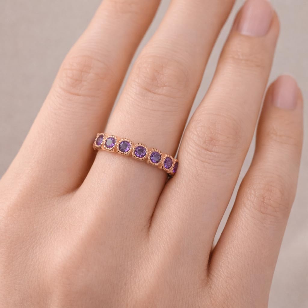 Full Eternity Amethyst Band for Women 14K Rose Gold Bezel Set Stackable Ring Round Purple Gemstone Wedding Band Anniversary Jewelry Gift for Love