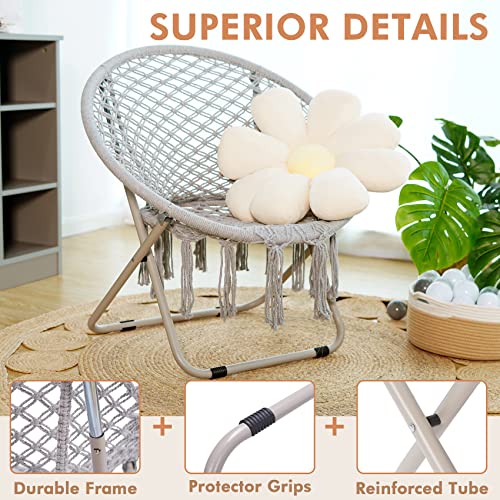 Pasamic Saucer Chair With Folding Metal Frame, 100% Cotton Handmade Cozy Chairs, Exquisite Moon Chair For Bedroom, Living Room Décor Grey #TOP1