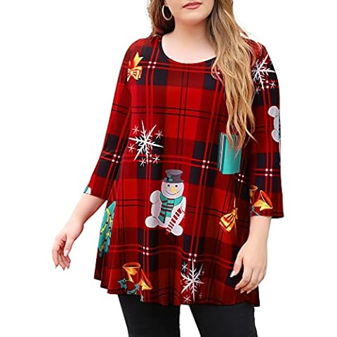 MONNURO Womens 3/4 Sleeve Tops Casual Loose Fit Swing Plus Size Tunics Christmas Shirts Red,1X Cover