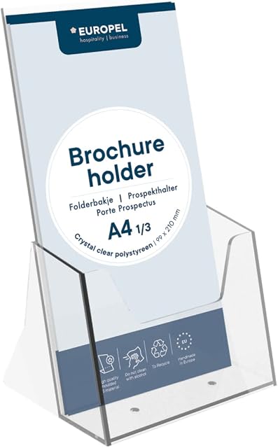 EUROPEL Brochure & Literature Holder, 1/3 A4 Size, Impact Resistant Plastic Construction, Booklet, Flyer & Menu Display & Dispenser for Office, Restaurants & Reception, Portrait, Clear
