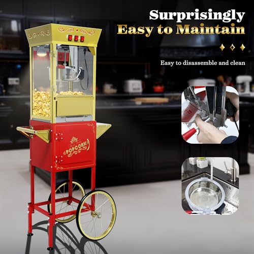 Image of 12 oz Popcorn Machine Cart - Commercial Vintage Popcorn Maker with Storage Stand, Stainless Steel Kettle & Tempered Glass, Ideal for Home Theater, Party Concessions and Carnival Events (Red)