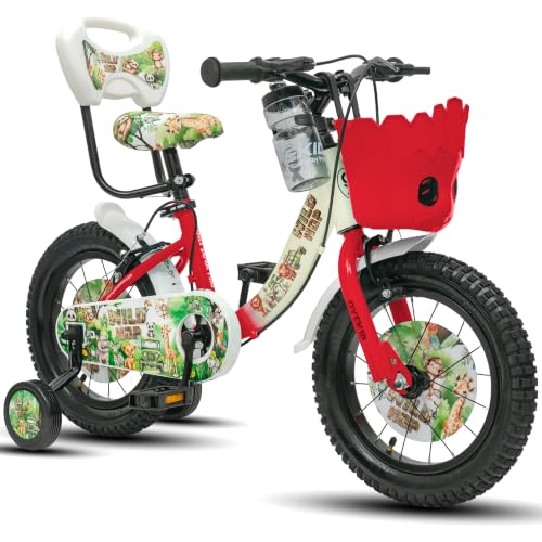 Image of WildHop 14T Kids Bicycle with Training Wheels, Backrest Seat, Basket & Safety Features for Toddlers (Cream Red, 14T)